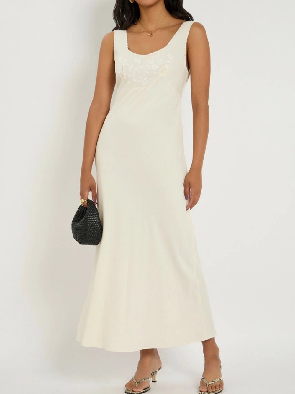 RIXO Rixo Carnation Embroidered Satin Maxi Dress Cream